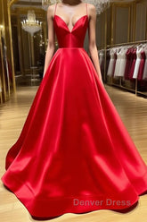 A Line V Neck Red Backless Prom Dresses, Red Backless Long Formal Evening Graduation Dresses